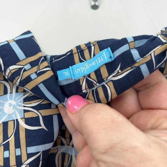 J. McLaughlin Button Down Shirt Women XL Blue Tan Geometric Cotton Long Sleeve - Picture 7 of 9